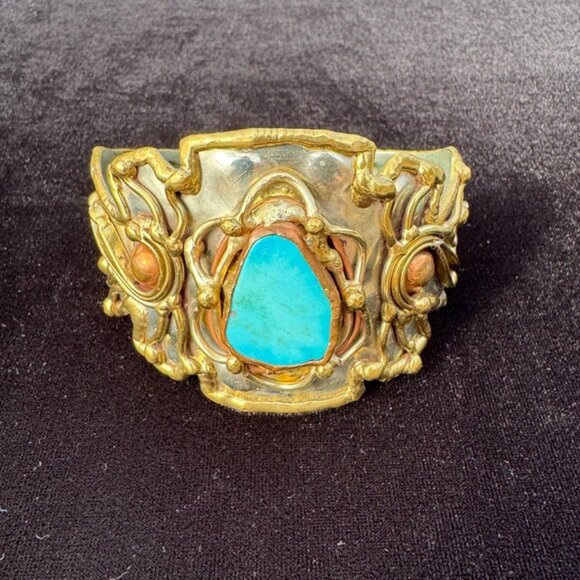 Vintage Turquoise Brutalist Mixed Metal Cuff Bracelet Copper Bronze Silver Tone - Picture 2 of 6